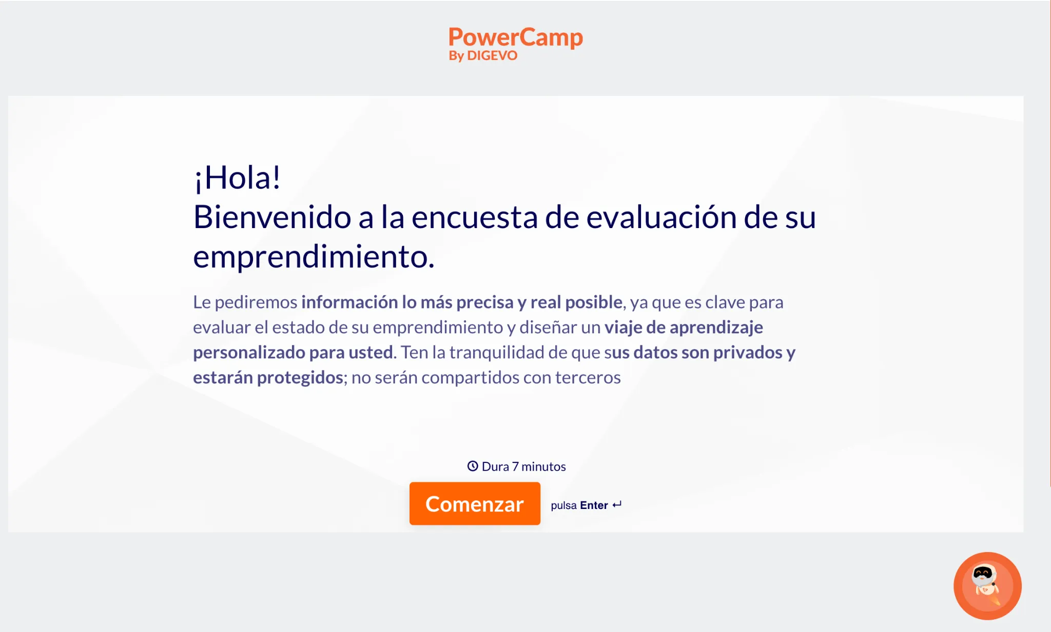 Pantalla de bienvenida de la evaluación PowerCamp