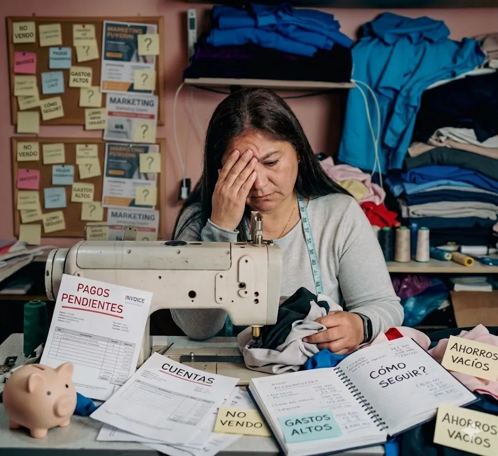 Emprendedora agobiada revisando pagos pendientes, cuentas y ahorros vacíos en su taller